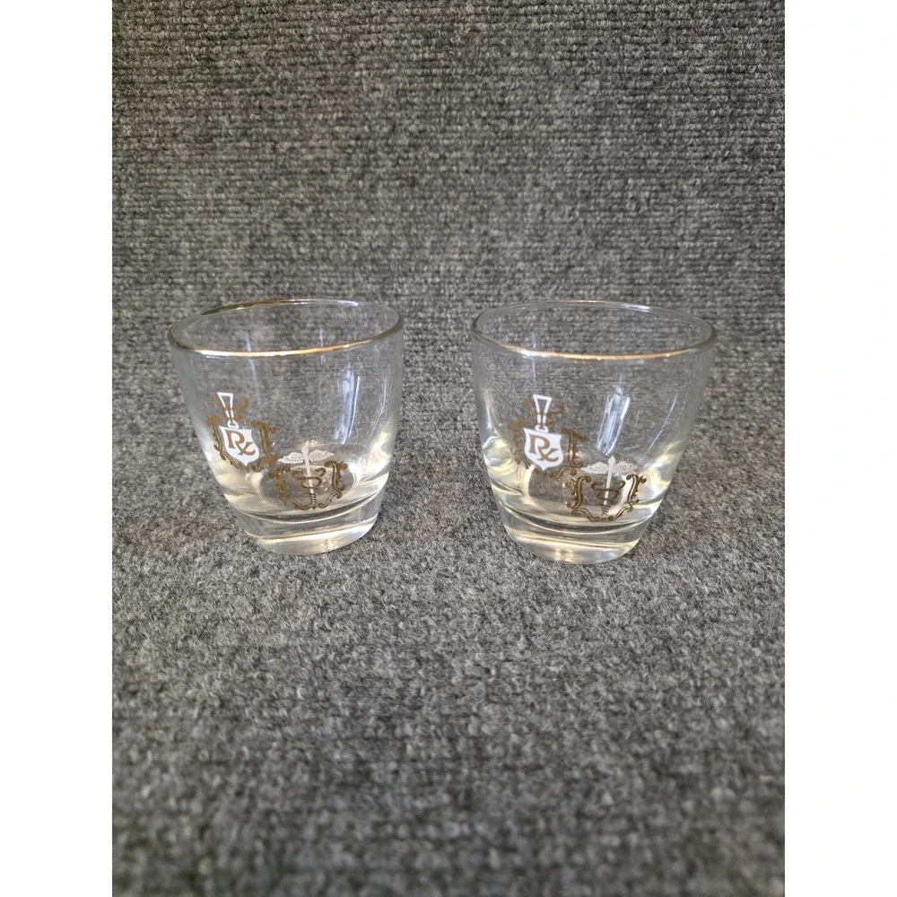 Vtg Shot‎ Glass Rx Caduceus Crest Gold Trim Set Of 2